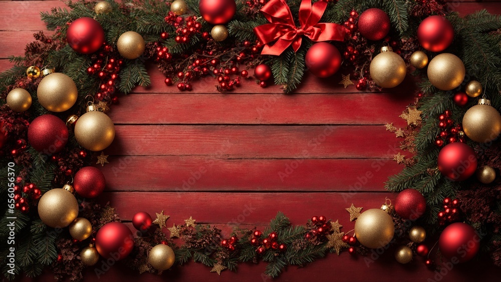 Fir branches on a red wooden background, Christmas decorations banner with copy space, Generative AI Fir branches on a red wooden background, Christmas decorations banner with copy space, Generative AI