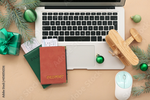 Laptop with passports, wood...