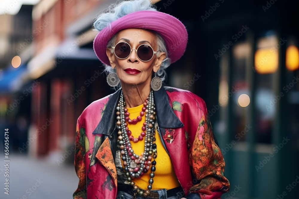 Mature fashion woman in hat and sunglasses on the city street.