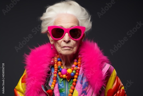 Portrait of a beautiful senior woman in pink sunglasses and bright clothes