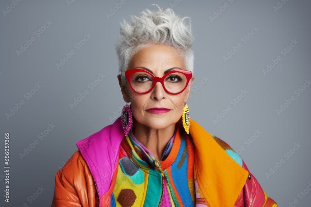 Fashionable senior woman in red glasses and colorful jacket over grey background.