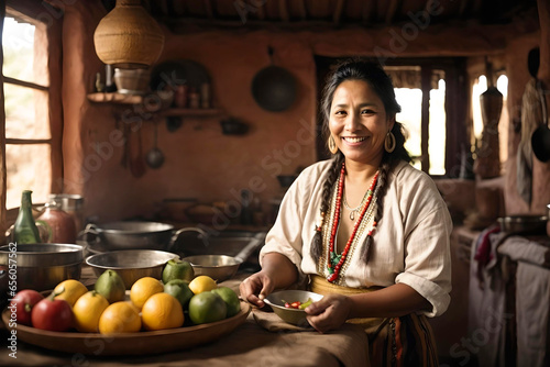 indigenous woman smiling and cooking in her kitchen  adobe house  native people  Latin America  lifestyle in nature