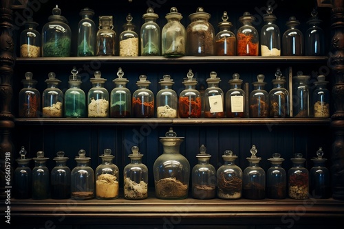 Vintage Apothecary Bottles on the Shelf in an Old Pharmacy.