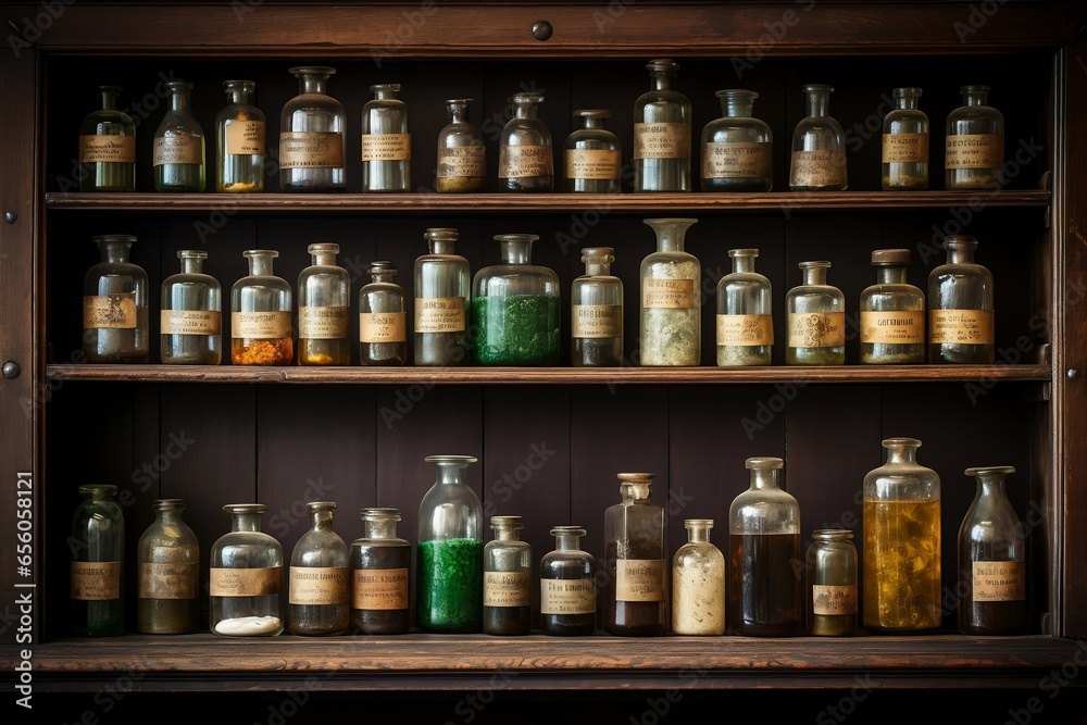 Vintage Apothecary Bottles on the Shelf in an Old Pharmacy. - obrazy, fototapety, plakaty 
