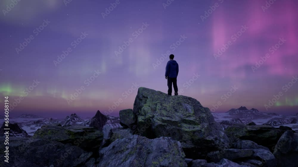 Man Standing on Peak with Magical Mountain Scene in Nature at night with Aurora in the sky. 3d Rendering landscape. Aerial