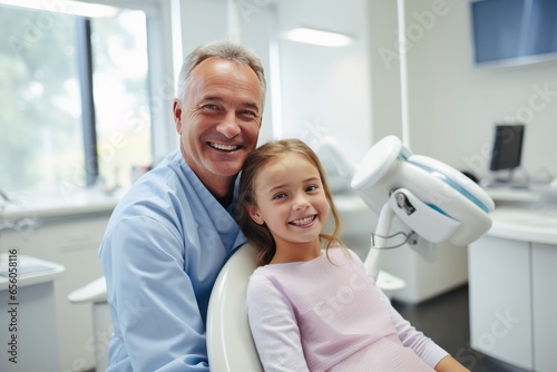 Pediatric dentist with happy child on the dental chair in a dental practice Generative Ai