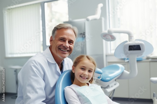 Pediatric dentist with happy child on the dental chair in a dental practice Generative Ai photo