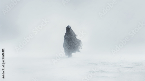 Hooded man in snow storm. Severe weather, strong wind and zero visibility.