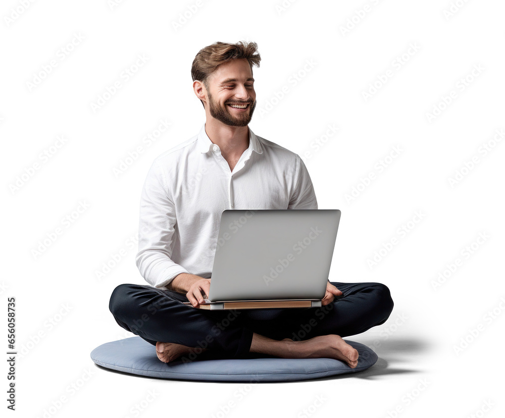 man sitting cross-legged on the floor with a laptop, png file of isolated cutout object with shadow on transparent background. man sitting cross-legged on the floor with a laptop, png file of isolated cutout object with shadow on transparent background.
