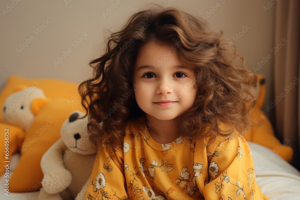 Portrait of a cute little girl with curly hair in a yellow pajamas.