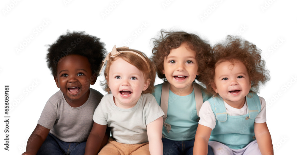 diversified group of happy toddlers, png file of isolated cutout object on transparent background. - obrazy, fototapety, plakaty 