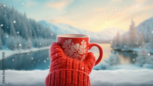 a red mug in hands dressed in knitted mittens against the backdrop of a blurry snowy landscape. warming drink for winter mornings photo