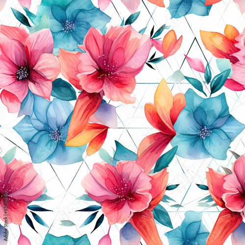 geometrical ground on watercolor flower seamless pattern