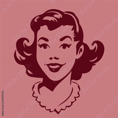 retro cartoon illustration of a happy young woman with vintage sketchy and simplified outlines
