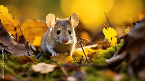 fairytale mouse in the forest among the leaves