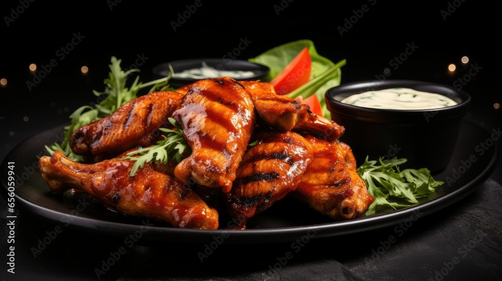 Spicy grilled chicken wings with ketchup on a black plate on a dark slate, stone or concrete background. Spicy grilled chicken wings with ketchup on a black plate on a dark slate, stone or concrete background.