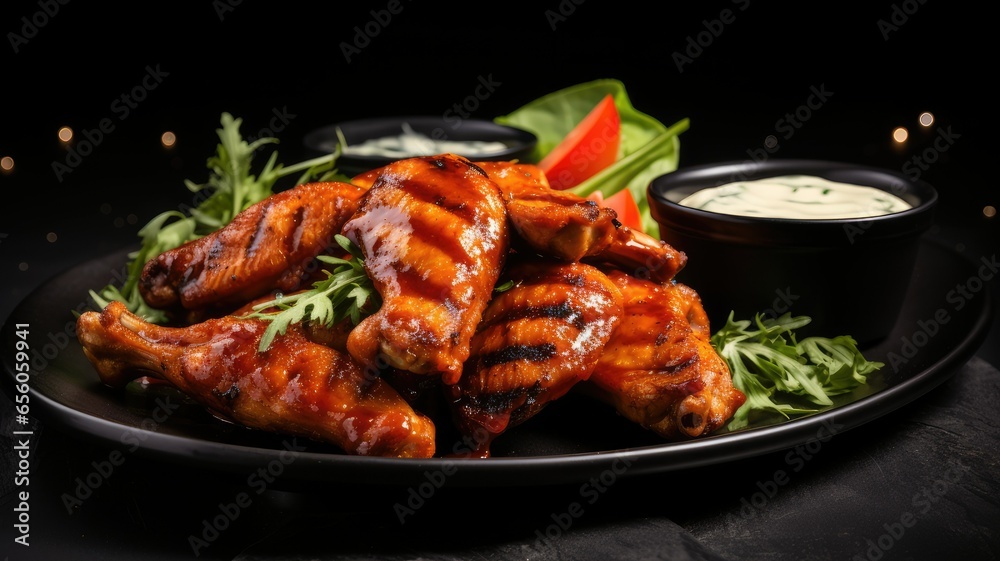 Spicy grilled chicken wings with ketchup on a black plate on a dark slate, stone or concrete background.