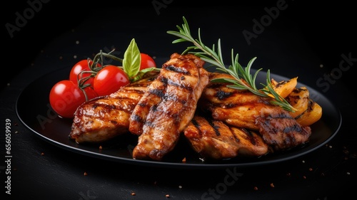 Spicy grilled chicken wings with ketchup on a black plate on a dark slate, stone or concrete background.