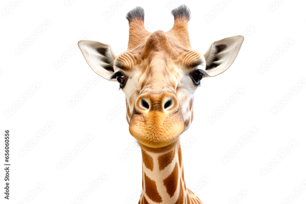 Close up of a giraffe head isolated on a white background.