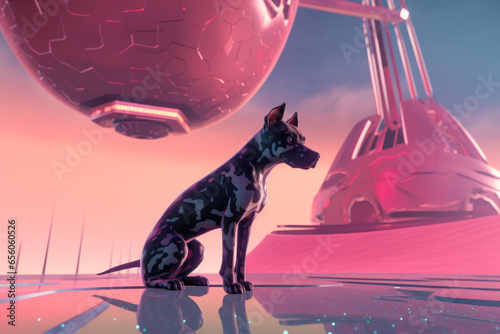 AI driven companion in metaverse - a cyberdog under a psychedelic lamp-like structure photo