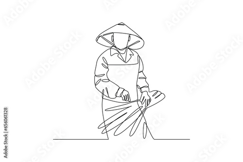 Farmer bring rice yield. Farmer activity minimalist concept. black and white design by vector illustrator. Simple line. Flat cartoon vector illustration.
