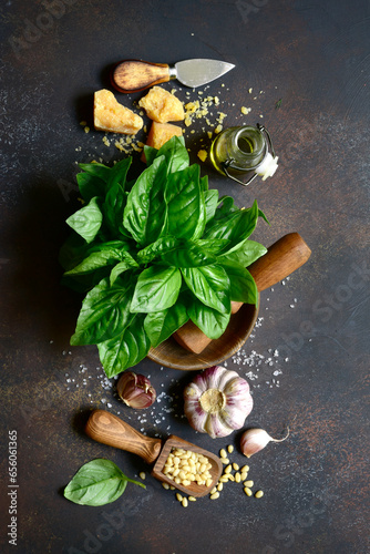 Ingredients for making traditional italian sauce pesto. Top view.