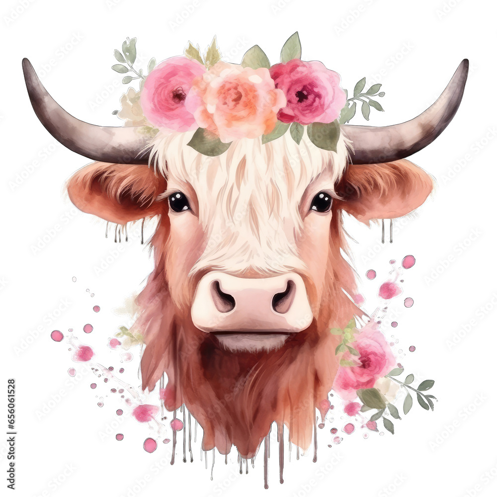 Pink Highland Cow - watercolor illustration, with flowers - obrazy, fototapety, plakaty 