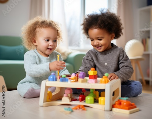 African american babies playing with blocks at table at home