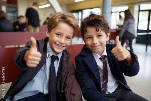 Portrait of schoolboys showing thumbs up in classroom at elementary school