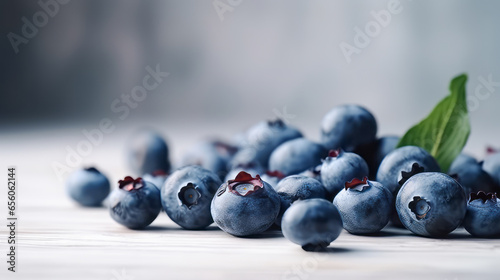 Blueberries on table. Close-up of berries scattered on table. Harvest, antioxidants. Superfood, healthy food, AI-generated