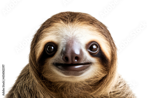 Portrait of a cute smiling sloth isolated on white background.