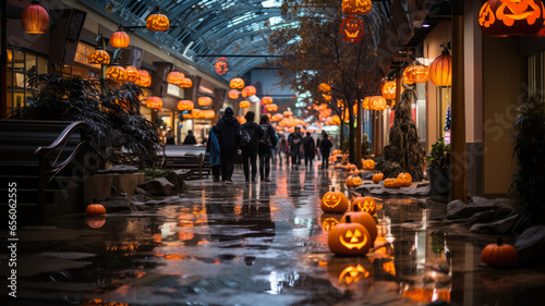 Halloween-Themed Mall Bustling with Shoppers - Vibrant Atmosphere with Jack-o -Lantern Decorations  AI-Generated