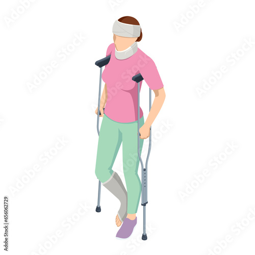 Isometric woman with a leg injury in a cast on crutches, with a head and neck injury. Social security and health insurance concept. Person with a gypsum and a fixing collar.