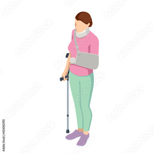 Isometric Woman with arm injury in a cast and neck injury. Social security and health insurance concept. Person with a gypsum and a fixing collar.