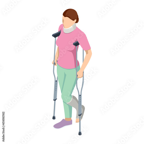 Isometric Woman with a leg injury in a cast on crutches and a neck injury. Social security and health insurance concept. Person with a gypsum and a fixing collar.