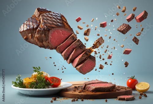 Grill Pork Chops steaks, realistic 3d brisket flying in the air, grilled meat collection, ultra realistic, icon, detailed, angle view food photo, steak composition
 photo