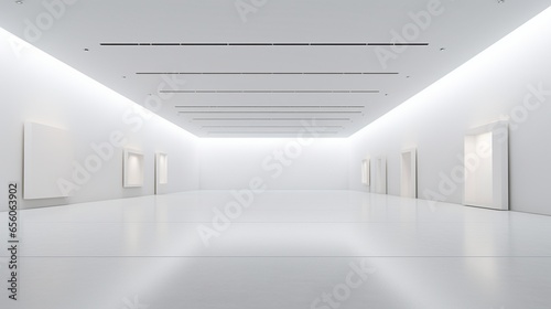 a minimalist art gallery with pristine white walls and gallery lighting that allows artworks to take center stage