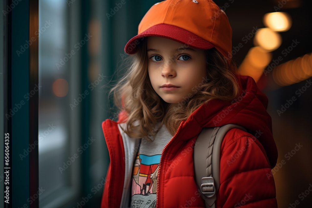 Portrait of a cute little girl in a red jacket and cap. Portrait of a cute little girl in a red jacket and cap.