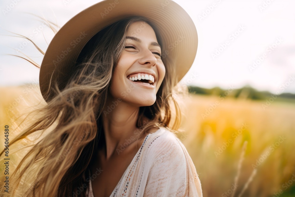 Φωτογραφία beautiful smiling girl in a hat on the field