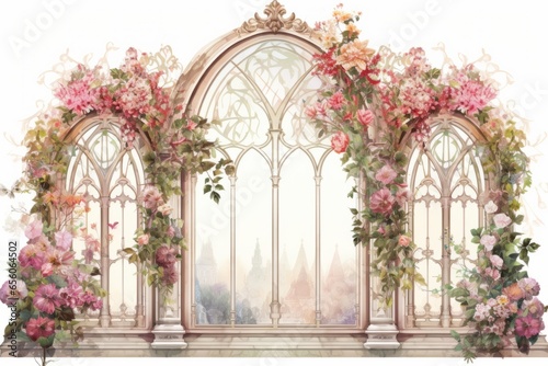 Large Vintage Window Arch decorated with pink Flowers Generative Ai