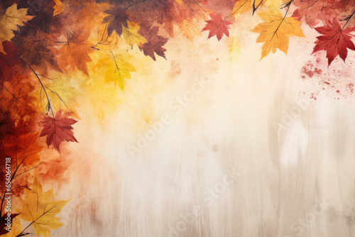 Abstract autumn frame background. Colored maple fall leaves against light brown background with copy space