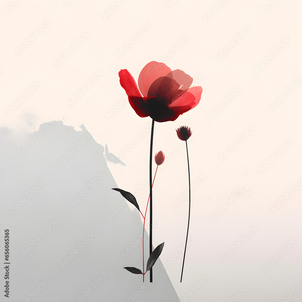 Obraz premium Two red flowers with a mountain in the background