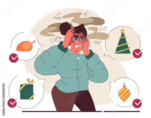 Christmas and New Year's Eve celebration. Nervous female character