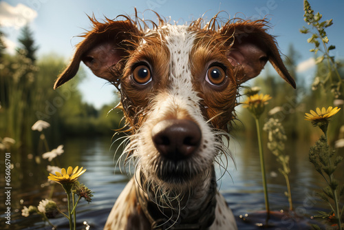 cute portrait of a stray dog looking to the camera in a swamp on a clear day