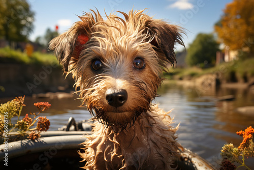 portrait of a wet white puppy looking at the camera