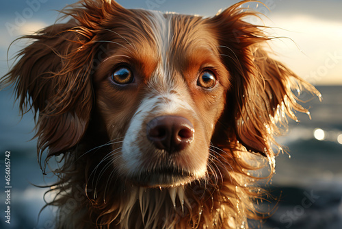 cute wet dog portrait on the beach at sunet
