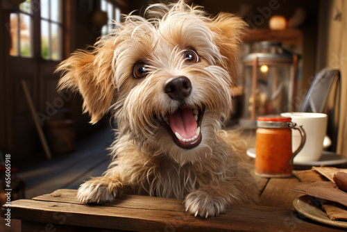 cute funny smiling puppy dog with messy hair on the shed