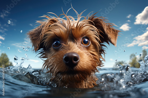 cute brown wet puppy sticking his head out the water and splashing water on a clear day