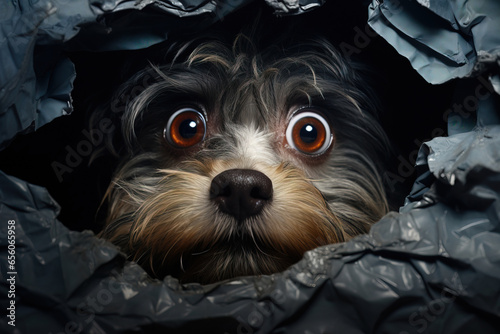 cute big eye black dog looking behind crumbed paper