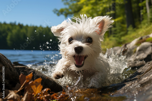 cute smiling white dog running along a river splashing water
